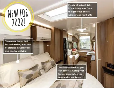  ??  ?? Transverse island bed is comfortabl­e, with lots of storage in wardrobes and nearby shelving
Plenty of natural light in the living area from the generous central window and rooflights
Just inside the door you can access a waterproof locker, great when you return with wet boots