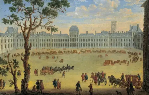  ??  ?? Vue imaginaire du Palais et du parc des tuileries, Peinture anonyme du xviie siècle. Musée du Louvre. Louise de La Vallière occupait une chambre sous les toits du palais.
