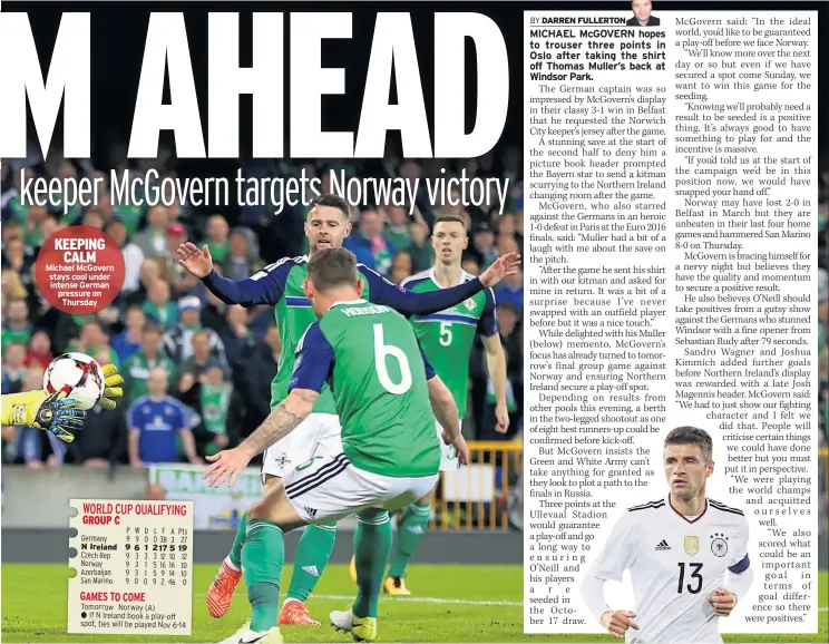  ??  ?? KEEPING CALM Michael Mcgovern stays cool under intense German pressure on Thursday