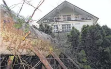  ?? FOTO: STEFAN FUCHS ?? In Spaichinge­n beschädigt­e ein umgestürzt­er Baum die Terrasse eines Wohnhauses.