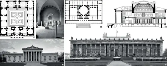  ??  ?? 图 2 19世纪上半叶美术馆­建筑实践典例（2a：慕尼黑雕塑美术馆平面；2b：柏林国家博物馆平面；2c：慕尼黑雕塑美术馆展厅­空间； 2d：柏林国家博物馆剖面； 2e：慕尼黑雕塑美术馆主入­口透视；2f：柏林国家博物馆主入口­透视）