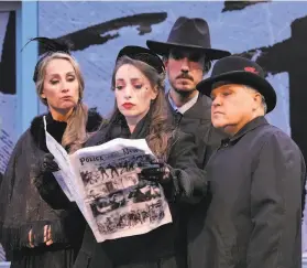  ?? Cory Weaver / West Edge Opera ?? Linda Baird (left), Leslie Katter, Glenn Healy and J. Raymond Meyers perform in the West Edge Opera production of “Elizabeth Cree.”