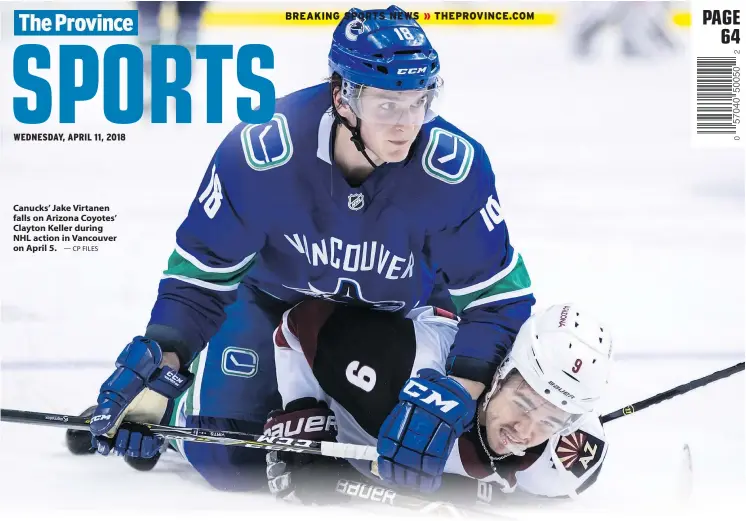  ?? — CP FILES ?? Canucks’ Jake Virtanen falls on Arizona Coyotes’ Clayton Keller during NHL action in Vancouver on April 5.