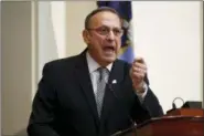  ?? ASSOCIATED PRESS ?? In this Feb. 13, 2018, file photo, Gov. Paul LePage delivers the State of the State address to the Legislatur­e at the State House in Augusta, Maine. President Trump’s campaign to discredit the news media has spread to state and local officials, who are...