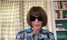  ??  ?? Anna Wintour with dark glasses and drawn curtains in Vogue Global Conversati­ons. Photograph: Vogue YouTube chan