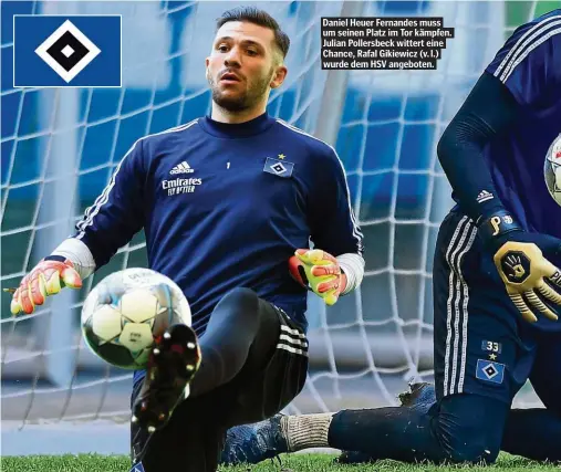  ??  ?? Daniel Heuer Fernandes muss um seinen Platz im Tor kämpfen. Julian Pollersbec­k wittert eine Chance, Rafal Gikiewicz (v. l.) wurde dem HSV angeboten.