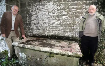  ??  ?? Above: Donie O’Sullivan and Pat Mulcahy beside the burial tomb of the Mullanes who were ancestors of Daniel O’Connell’s mother.