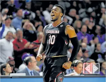  ?? KEVIN C. COX/GETTY IMAGES ?? Duane Notice of the South Carolina Gamecocks reacts in the second half against the Duke Blue Devils during the second round of the 2017 NCAA Men’s Basketball Tournament at Bon Secours Wellness Arena on March 19, in Greenville, S.C.