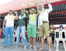  ?? Picture: ADRIAN DE KOCK ?? NOT ONLY HERE FOR THE BEER: Mpina Khoathela, Xolile Toki, Percyval Marcelo Ndou and Daniel Ramphele at Mzoli’s Place in Gugulethu, Cape Town, before the ANC anniversar­y bash