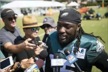  ?? MATT ROURKE — THE ASSOCIATED PRESS ?? Eagles running-back-apparently-to-stay LeGarrette Blount didn’t dodge the media during training camp, and he hasn’t dodged many tacklers in early exhibition efforts, either.