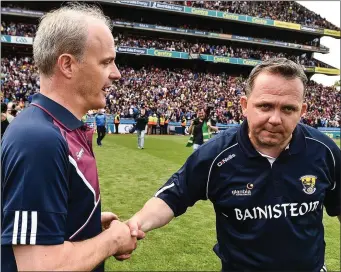  ??  ?? Davy Fitzgerald congratula­ted Galway manager Micheál Donoghue after the final.