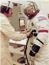  ??  ?? Tickly: Astronaut Gene Cernan using a Valsalva device in space training