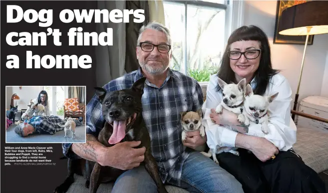  ?? PHOTO: ALDEN WILLIAMS/FAIRFAX NZ
Angela McGuire ?? William and Anne Marie Cleaver with their four dogs, from left, Ruby, Mira, Bubbles and Poppit. They are struggling to find a rental home because landlords do not want their pets. My partner and I are both fulltime profession­als and quiet, clean, ideal...