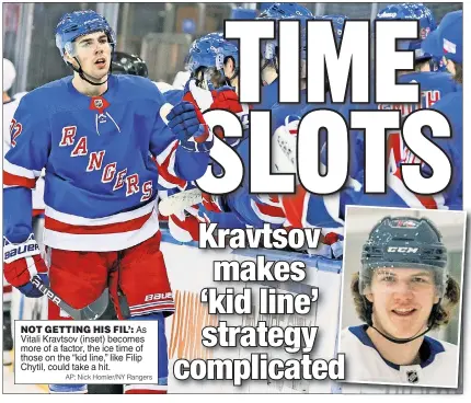  ?? AP; Nick Homler/NY Rangers ?? NOT GETTING HIS FIL’: As Vitali Kravtsov (inset) becomes more of a factor, the ice time of those on the “kid line,” like Filip Chytil, could take a hit.