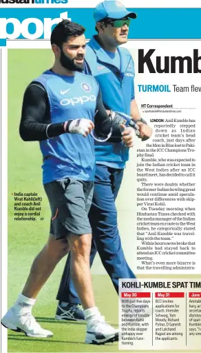  ?? AP ?? India captain Virat Kohli(left) and coach Anil Kumble did not enjoy a cordial relationsh­ip.