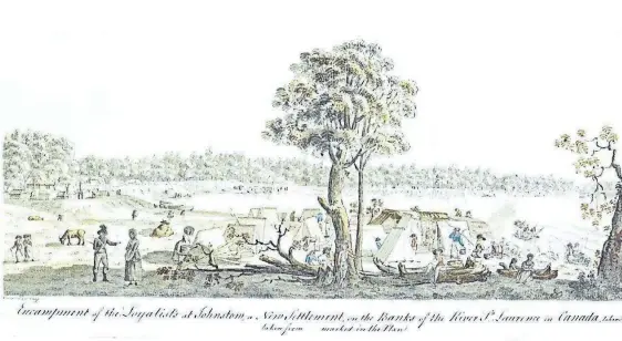  ?? SPECIAL TO THE EXAMINER ?? Encampment of the Loyalists at Johnstown, on the Banks of the River St. Laurence in Canada, taken June 6th. 1784; by James Peachey (fl 1770s to 1790s). This ubiquitous illustrati­on has been copied by other artists, and used in American history textbooks.