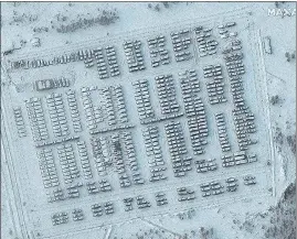  ?? ?? A satellite image of battle groups vehicles parked in Yelnya, Russia, some 322km from Ukraine.