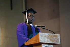  ?? Photograph: Monika Wnuk/Northweste­rn Prison Education Program ?? Benard McKinley speaks during his commenceme­nt as part of the Northweste­rn Prison Education Program at Stateville correction­al center in Crest Hill, Illinois, on 15 November 2023.