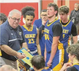  ?? Peter Wallace/For Hearst Connecticu­t Media ?? Gilbert came within three points of pulling off the second upset of the night in a loss to Wamogo at the Berkshire League boys basketball tournament semifinals Wednesday night at Wamogo High School.