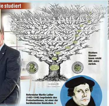  ?? ?? Reformator Martin Luther (1483-1546) begründete den Protestant­ismus, ist einer der berühmtest­en Deutschen. E
Richters Stammbaum reicht 600 Jahre zurück.