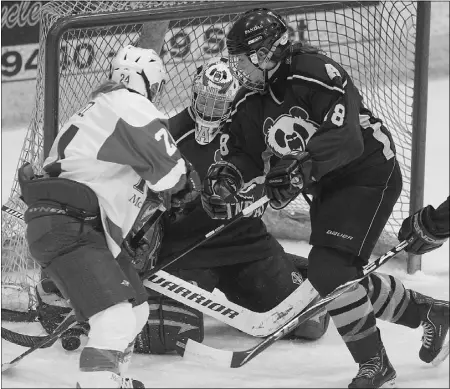  ?? Rick Macwiliam, the JOURNAL ?? Ann-sophie Bettez of the Mcgill Martlets battles with University of Alberta’s Riana Magee in front of Pandas goalie Kaitlyn Chapman during Friday’s Canadian Interunive­rsity Sport women’s hockey championsh­ip
round-robin game at Clare Drake Arena.