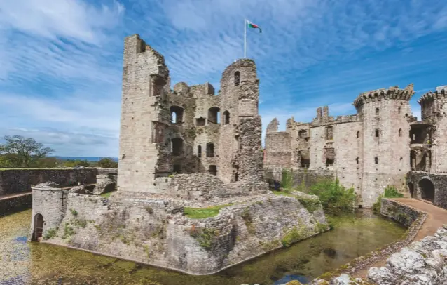  ??  ?? Above, left: Criccieth is a good example of a native Welsh castle, which belonged to one of the ruling families. Above: the Great Tower of Raglan Castle