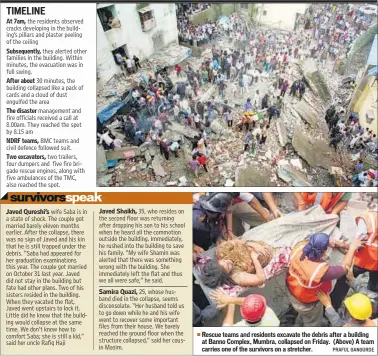  ?? PRAFUL GANGURDE ?? Rescue teams and residents excavate the debris after a building at Banno Complex, Mumbra, collapsed on Friday. (Above) A team carries one of the survivors on a stretcher.