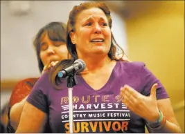  ??  ?? Heather Gooze, a Strip shooting survivor, speaks to the Las Vegas Victims Fund committee at the Clark County Government Center on Tuesday. She does not qualify for aid, although she relives the psychologi­cal trauma daily.