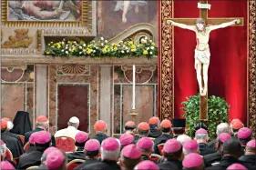  ?? (AP Photo) ?? Pope Francis, background third from left, attends a penitentia­l liturgy Feb. 23, 2019, in the wake of his extraordin­ary summit of Catholic leaders summoned to Rome for a tutorial on preventing clergy sexual abuse and protecting children from predator priests. The Vatican told bishops around the world on Thursday they should report case of clergy sex crimes to police even when not legally bound to do so, in its latest effort to compel church leaders to protect minors from predator priests.