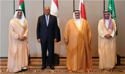  ?? AP ?? Quartet foreign ministers Sheikh Abdullah bin Zayed, Egypt’s Sameh Shoukry, Bahrain’s Khalid bin Ahmed Al Khalifa and Saudi Arabia’s Adel Al Jubeir, during their meeting in Manama, Bahrain last week