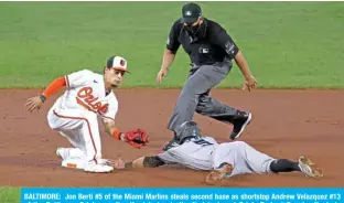  ??  ?? BALTIMORE: Jon Berti #5 of the Miami Marlins steals second base as shortstop Andrew Velazquez #13 of the Baltimore Orioles applies the late tag in the first inning at Oriole Park at Camden Yards in Baltimore, Maryland. — AFP