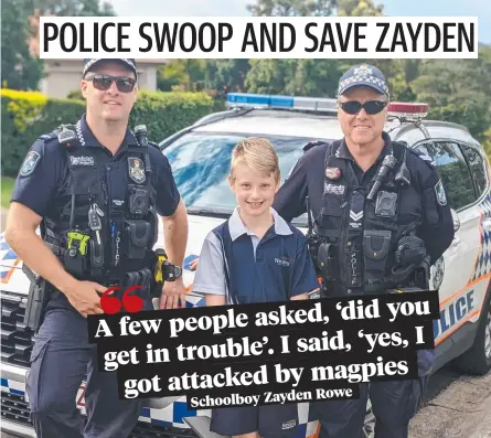  ?? ?? Senior Constable Brett McClelland and Constable Sam Caldwell with Zayden Rowe. Picture: Keith Woods