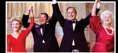  ??  ?? SMiLES: George and Barbara celebrate his White House bid with Ronald and Nancy Reagan in 1988