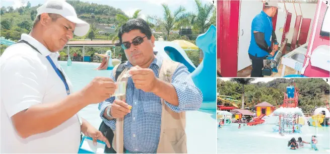  ?? FOTOS: EFRAÍN SALGADO ?? (1) Los técnicos de Vigilancia de la Salud verifican que los niveles de cloro sean adecuados en los centros con piscinas en el Distrito Central. (2) Durante las inspeccion­es realizaron fumigacion­es para eliminar posibles criaderos de zancudos. (3) Los niños y vacacionis­tas disfrutan de los balnearios que aprobaron las condicione­s mínimas.