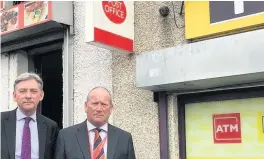  ??  ?? Suffering services Councillor Ian McNeil (right) and Richard Leonard MSP, pictured outside the Petersburn branch, have hit out over post office closures