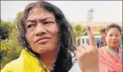  ?? PTI ?? Irom Sharmila, who is contesting as People’s Resurgence & Justice Alliance candidate, outside a polling booth on Saturday.