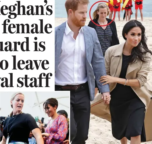  ??  ?? Safety first: The inspector ushers Meghan to safety in Fiji, and can be seen (circled) following Harry and Meghan in Australia