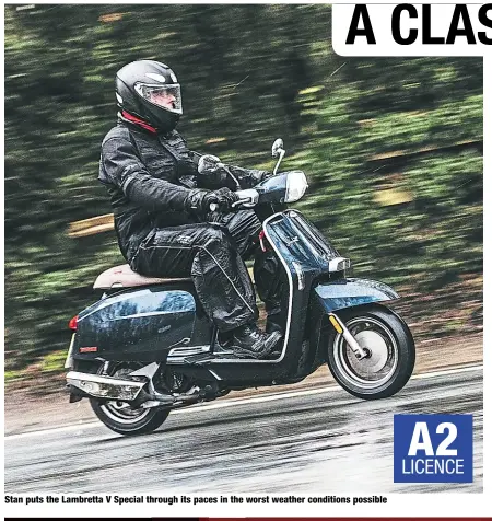  ??  ?? Stan puts the Lambretta V Special through its paces in the worst weather conditions possible