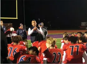  ?? KEV HUNTER — MEDIANEWS GROUP ?? Plymouth-Whitemarsh coach Dan Chang addresses his team after it defeated Upper Moreland on Oct. 28 to win the SOL American title.