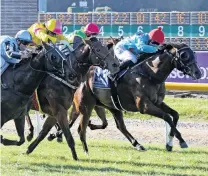  ?? PHOTO: RACE IMAGES SOUTH ?? Trainer’s surprise . . . Respin (far right) gets up in a tight finish to beat Beneficial and Courte Zarindi in the feature 1600m race for 3yrold fillies at Riccarton on Saturday.