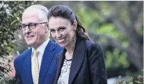  ?? PHOTO BY BROOK MITCHELL/GETTY IMAGES ?? Australian Prime Minister Malcolm Turnbull and New Zealand Prime Minister Jacinda Ardern arrive at Kirribilli House in Sydney yesterday.