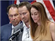  ??  ?? AP PHOTO BY CHRIS CARLSON Jeanne Bernstein, right, and her husband Gideon, parents of murder victim Blaze Bernstein, speak during a news conference as Orange County District Attorney Tony Rackauckas, left, looks on Thursday, Aug. 2, in Santa Ana,...