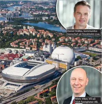  ??  ?? TELE2 ARENA OCH GLOBEN.
Daniel Stålbo, kommunikat­ionschef på Stockholm Live.
Mats Viker, VD på SGA Fastighete­r AB.
Staden förlorar intäkter när alla evenemang ställs in på arenorna.