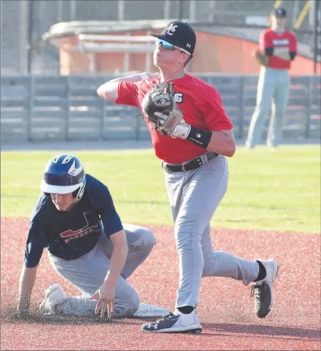  ?? RICK PECK/SPECIAL TO MCDONALD COUNTY PRESS ?? Cross Dowd throws to first to complete a double play during the McDonald County 18U baseball team’s 5-2 loss to Joplin on June 3 in an 8-on-8 league in Joplin.