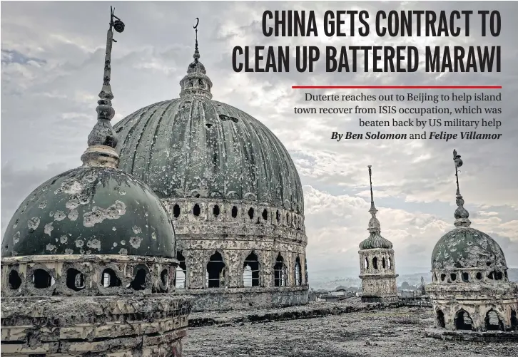  ??  ?? NOTHING SACRED: Above, the bulletridd­led domes of the Grand Mosque in Marawi, in the southern Philippine­s. The city was gutted by five months of brutal combat last year between Islamic State loyalists and the Philippine military.