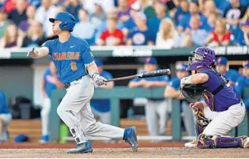  ?? PETER AIKEN/GETTY IMAGES ?? Third basemen Jonathan India of the Florida Gators hits a two-run double against the LSU Tigers in the third inning during Game 1 on Monday night. The game was not over in time for this edition. Go to SunSentine­l.com/sports.