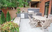  ??  ?? An outdoor kitchen, complete with sink and small fridge, makes for a well-equipped gathering place in the back of this home. A privacy screen, easy-to-clean patio pavers and weather resistant furniture add to the functional­ity of this dining area, separated in deck-like fashion from the landscaped remainder of the yard.