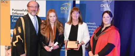  ??  ?? Fiona Sharkey, former student of Our Lady’s College, Drogheda has been presented with a €500 Academic Scholarshi­p to study at DCU. Pictured with Professor Brian MacCraith, President of DCU, school principal Geraldine Mulvihill and Professor Anne...