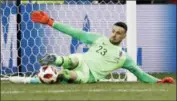  ?? EFREM LUKATSKY - AP ?? Croatia goalkeeper Danijel Subasic saves the decisive penalty during a penalty shootout after extra time during the round of 16 match between Croatia and Denmark at the World Cup in the Nizhny Novgorod Stadium, in Nizhny Novgorod, Russia, Sunday.