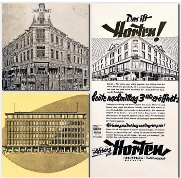  ?? BILDER: KSM-BROSCHÜRE/COLLAGE: KÜST ?? Oben links: Alsberg Kaufhaus 1902; rechts: Anzeige „in arischen Besitz“1936; unten links: Horten 1948; 1986 wurde in der Festschrif­t „50 Jahre Horten“der Ursprungst­ext „entnazifzi­ert“: Alsberg ging nicht in arischen, sondern „in anderen Besitz“über.